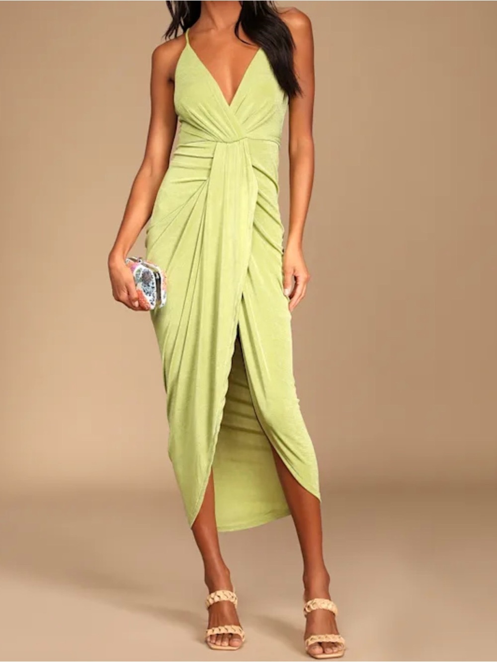 Lulu's Lime Green Draped V-Neck Ruched Wrap Midi Dress